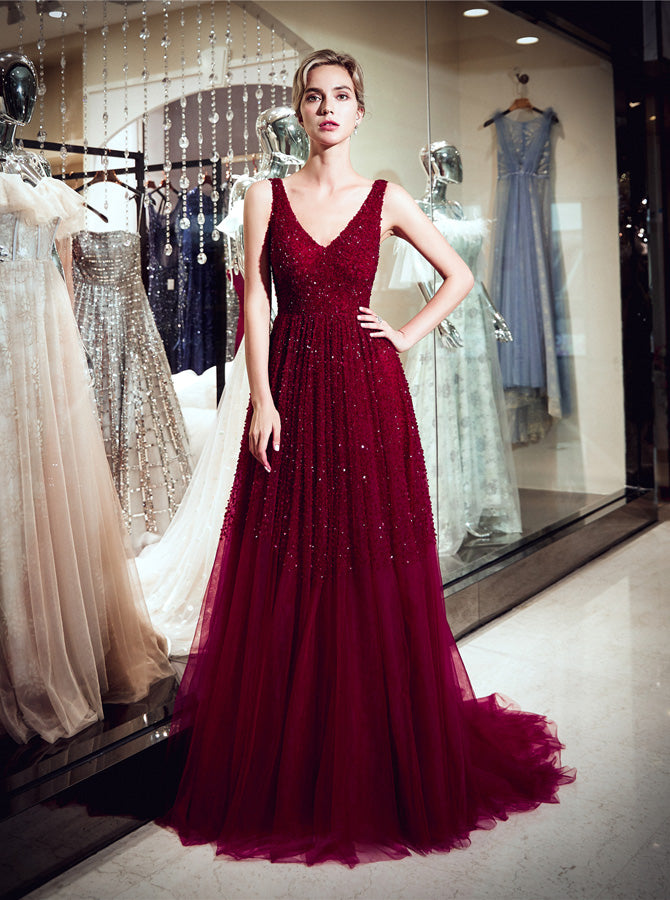 burgundy glitter prom dress