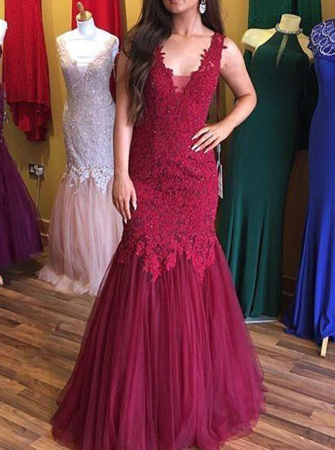 lace maroon prom dress