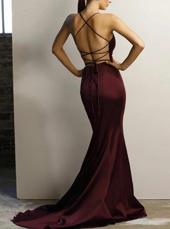 Burgundy Open Back Prom Dress 2024