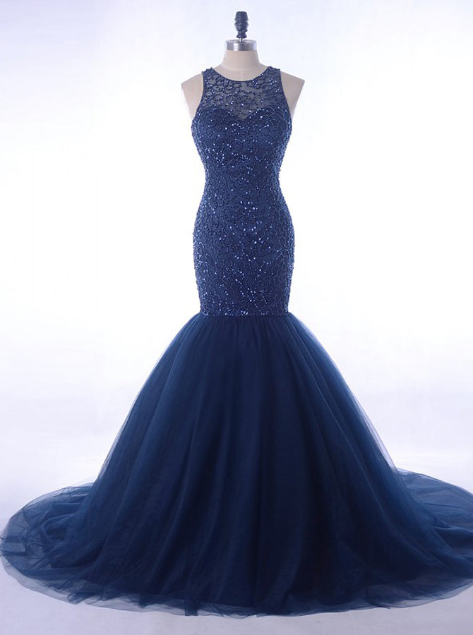 dark blue mermaid prom dress