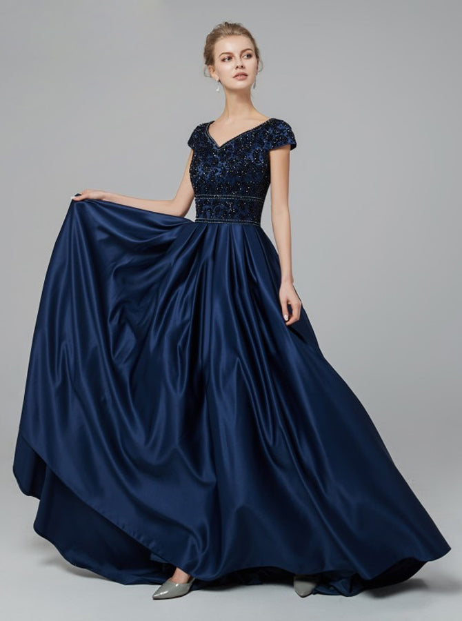 Dark Navy Prom Dress With Cap Sleevessatin Modest Evening Dresspd004 Wishingdress