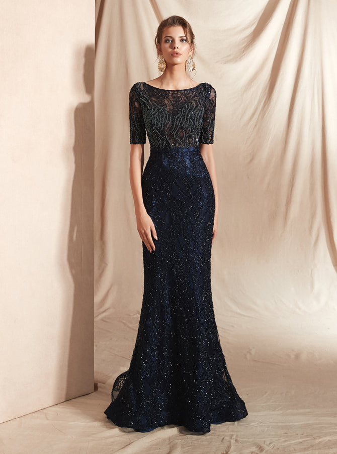 navy evening dress with sleeves