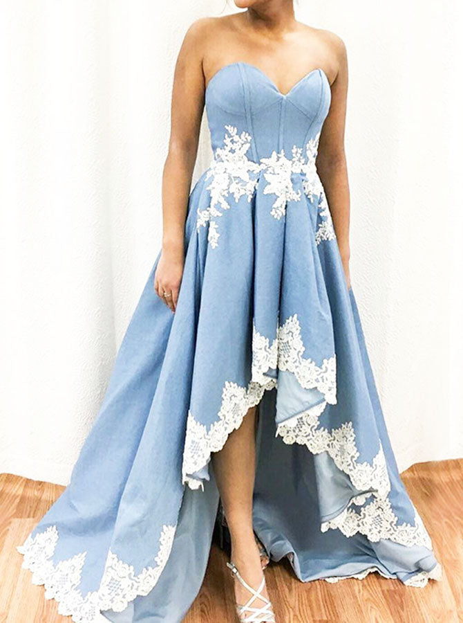 light blue high low prom dress