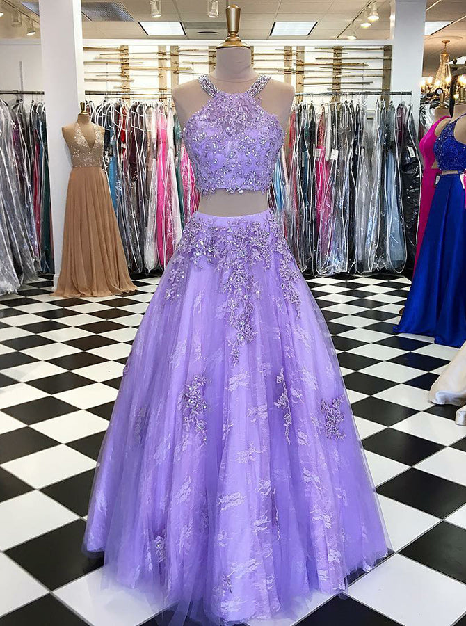 two piece purple prom dress