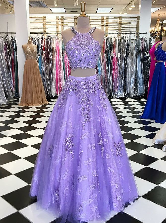 purple 2 piece prom dress