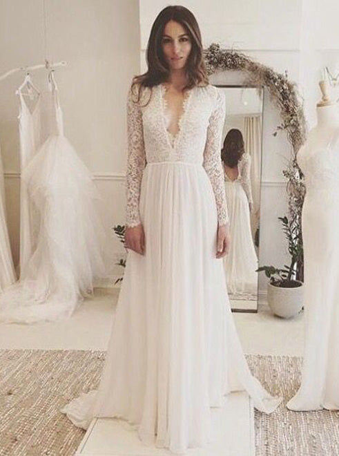 Long Sleeves Wedding Dress Beach Wedding Dress Lace Chiffon Bridal Dress Wd00056