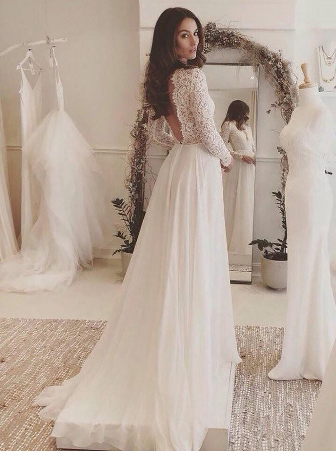 Long Sleeves Wedding Dress Beach Wedding Dress Lace Chiffon Bridal