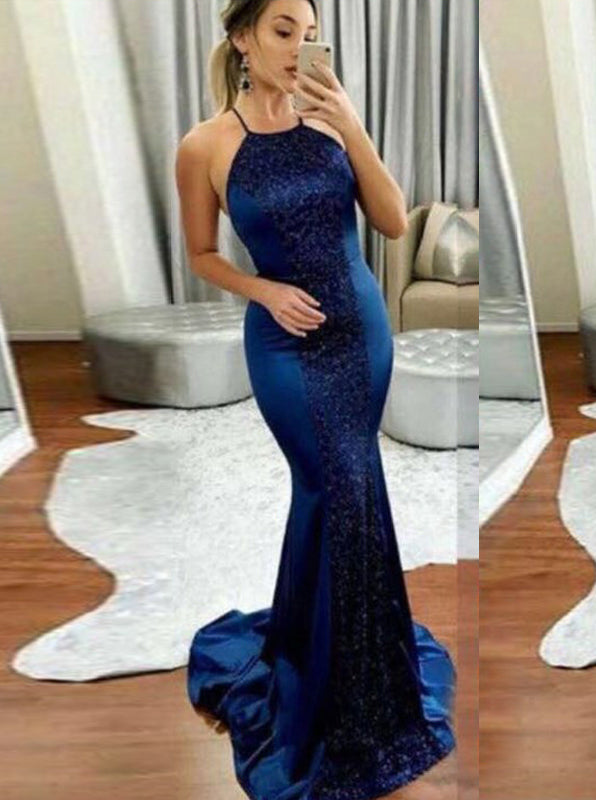 blue satin evening dress