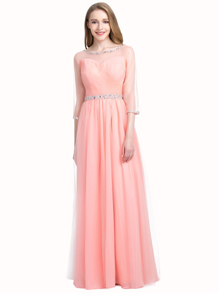 peach color gown with sleeves