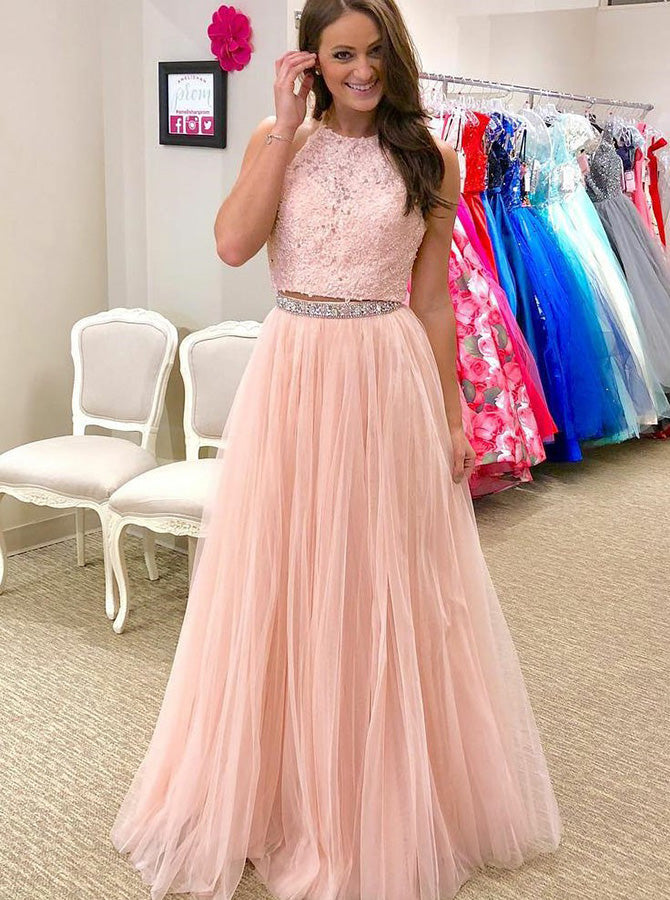 two piece pink prom dress