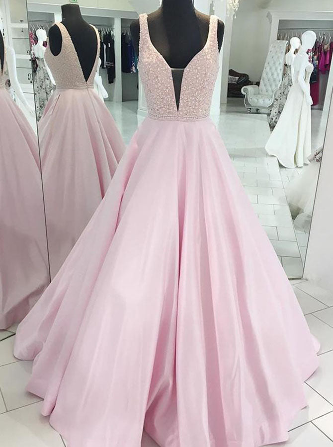 pink a line prom dress