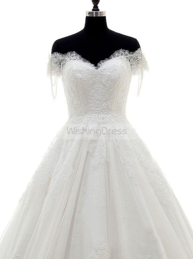 off shoulder short sleeve wedding dress