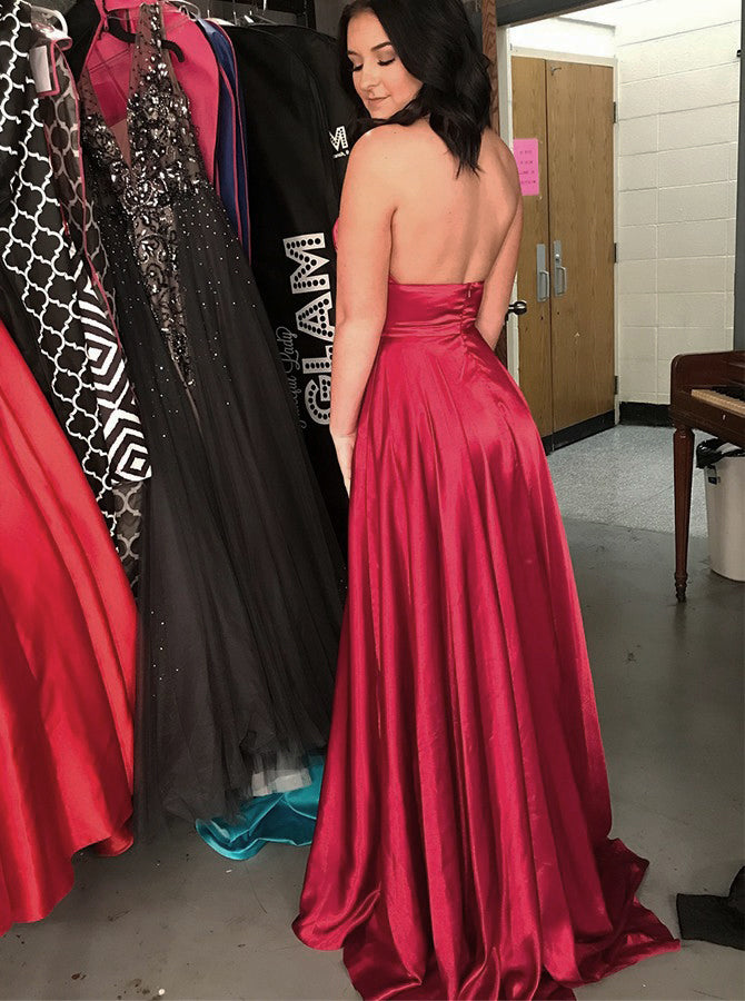 red flowy prom dress