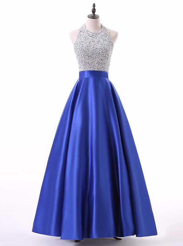 blue a line prom dress