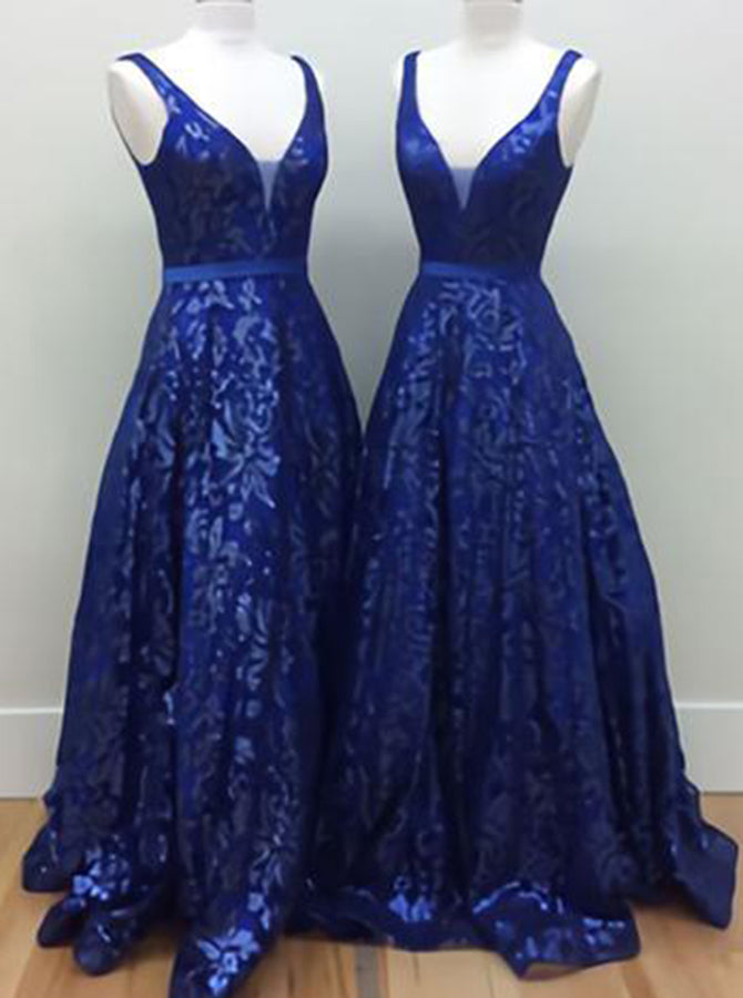 blue a line prom dress