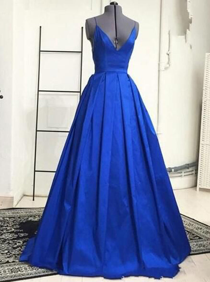 royal blue spaghetti strap prom dress