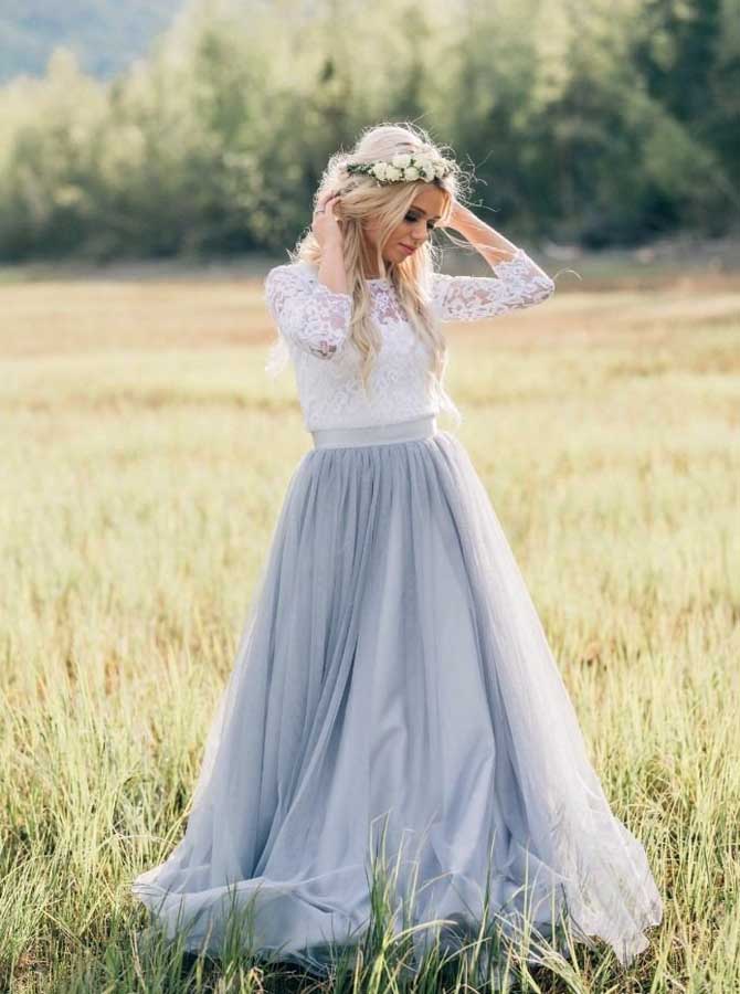 Rustic Wedding Dresses with Sleeves,Dusty Blue Wedding