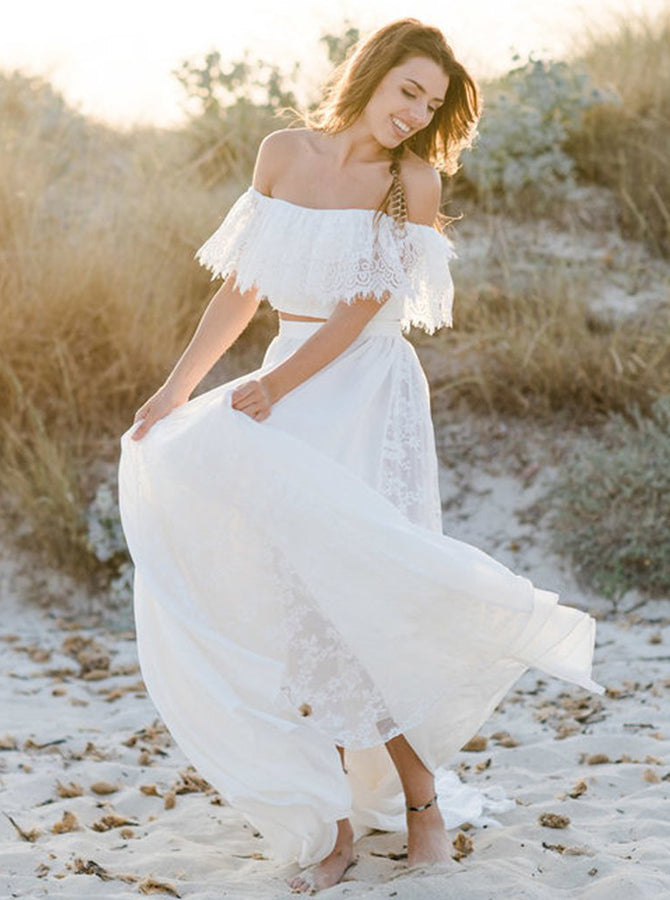 Ethereal White Lace And Chiffon Beach Wedding Dress Vq