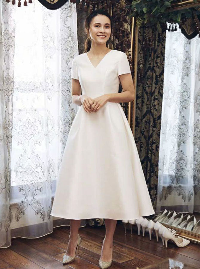 short sleeve tea length wedding dress