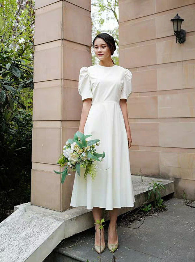 high neck tea length wedding dress
