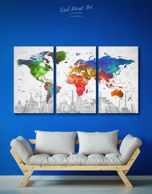 3 Pieces World Map With Landmarks Wall Art Canvas Print At Texelprintart