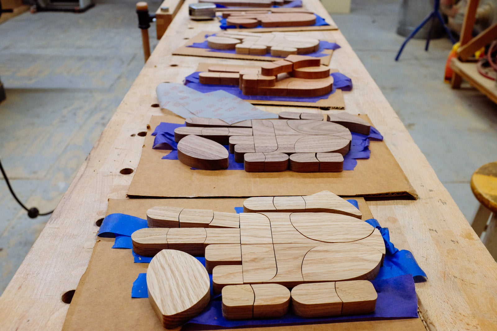 View of assembled wood designs.