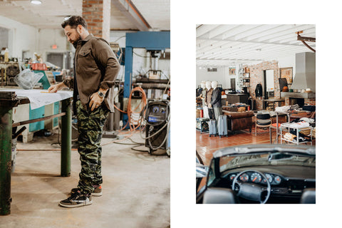 A diptych with Josh of Iron Shop Provisions working in his iron shop on the left, and a portrait of the shop floor on the right.