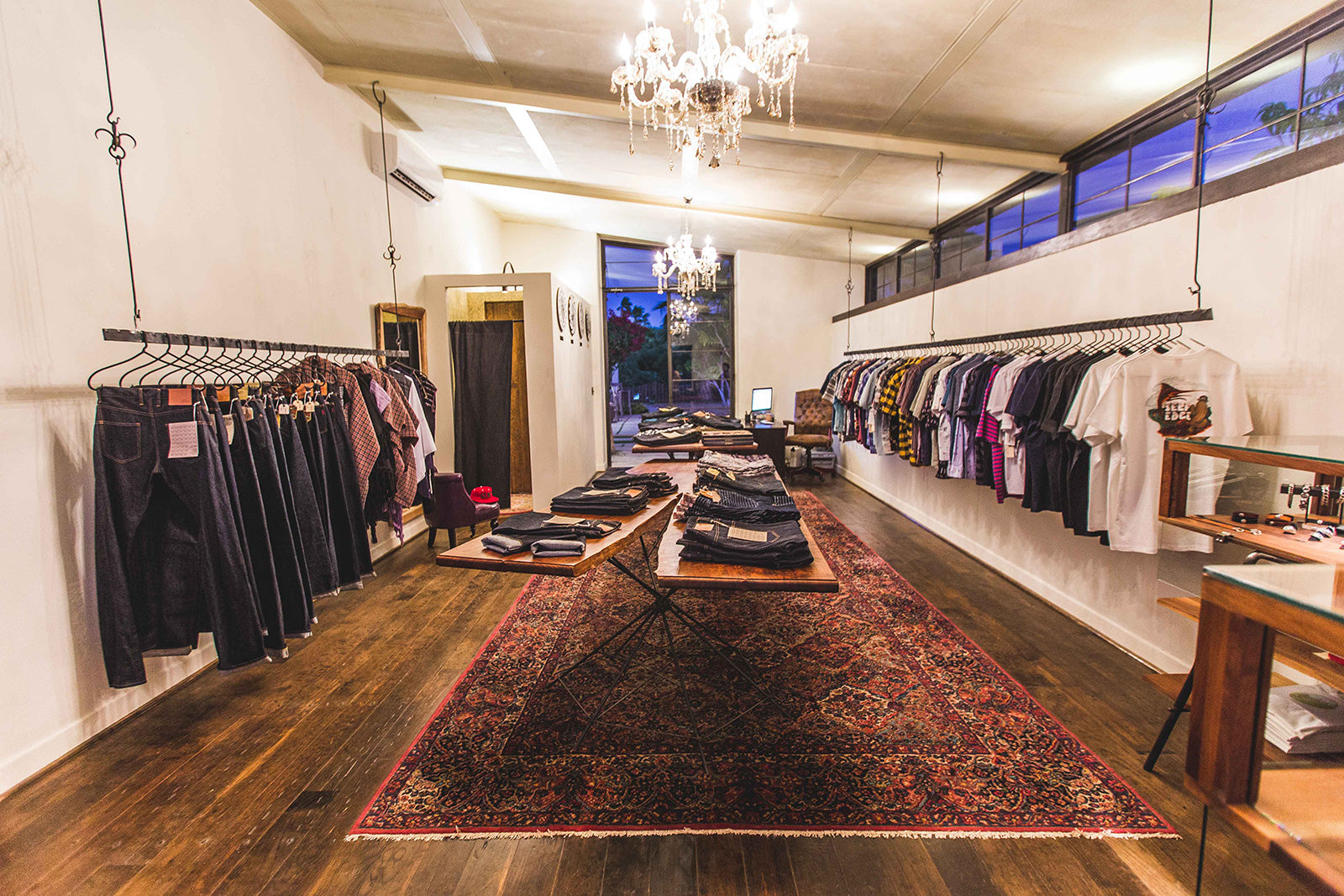 Inside view of Self Edge Mexico. Denim and other goods are on display.