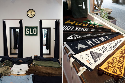 A diptych shows off various felt pennants and banners in the shop such as SLO, Hustle, Hell Yeah, and other California-centric content.