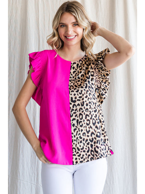 Colorblock Leopard Ruffled Shoulder Top