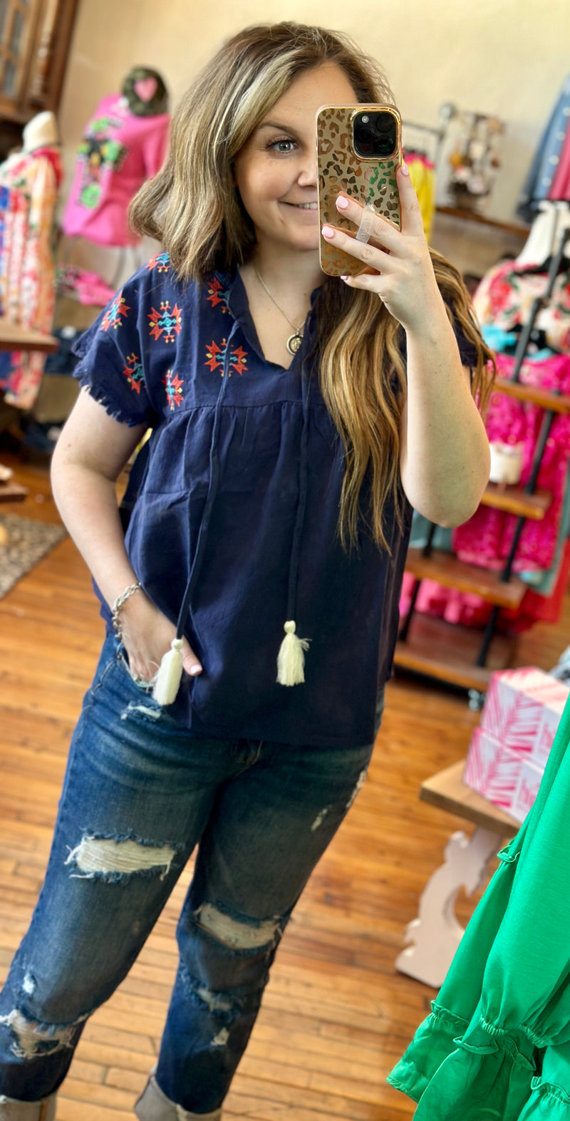 In love with Navy Embroidered Top