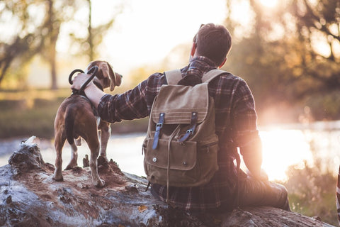 man enjoying outdoors with dog