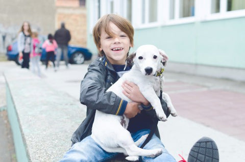 smiling-boy-holding-dog-in-front-of-school