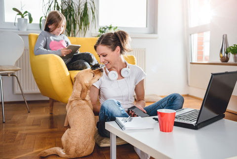 Woman sitting on the floor petting dog at home while daughter sits on the armchair using tablet
