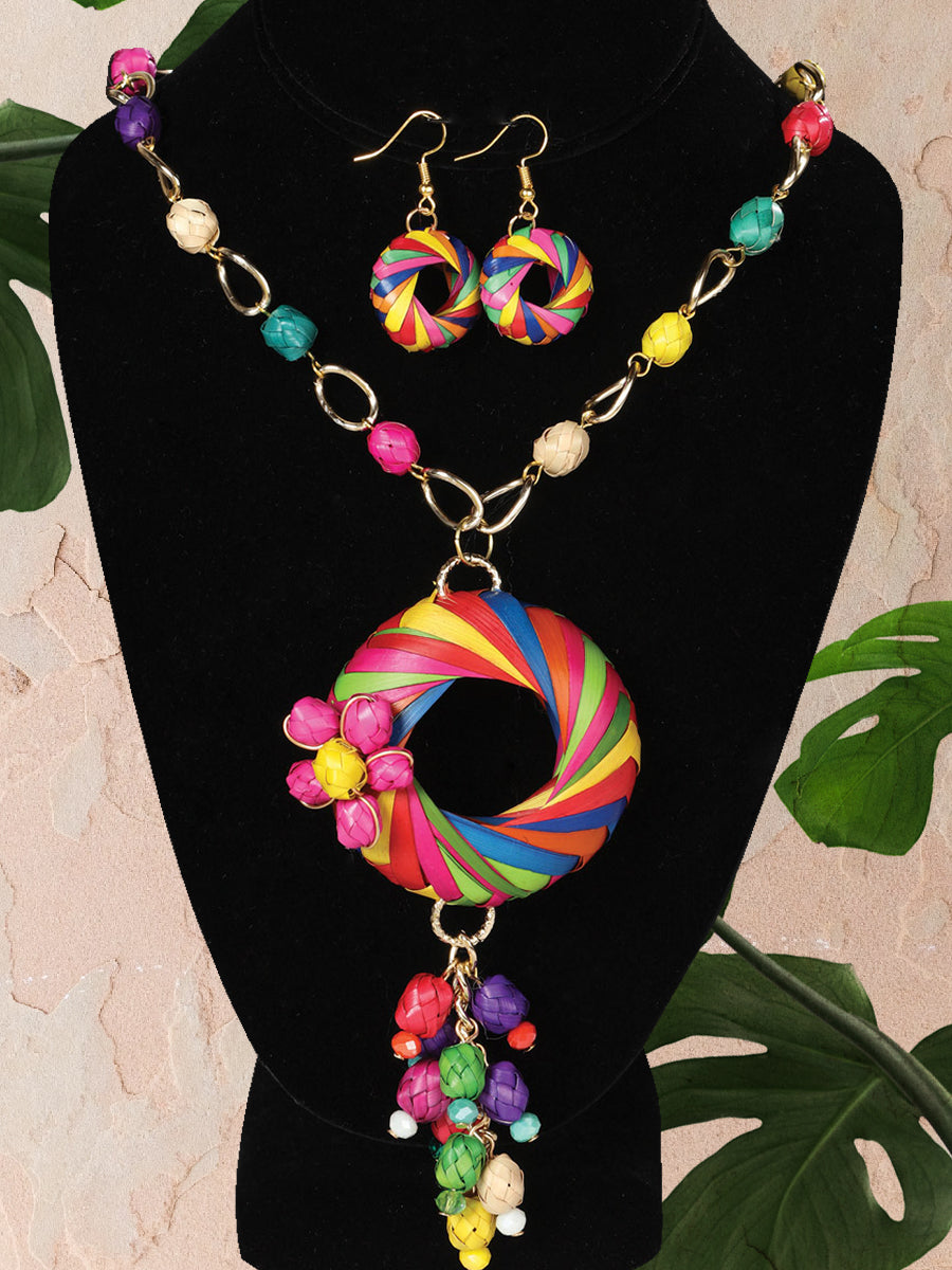 Set Collar Y Aretes Artesanales Aro Palma Multicolor- Artesanal Necklace & Earings