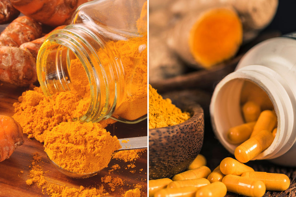 Image of whole root turmeric on the left being compared to turmeric curcumin supplements on the right