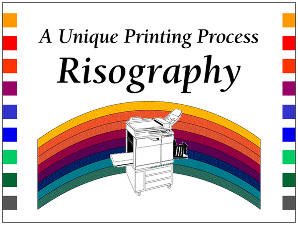 Slide from a Risograph presentation from 1997. It shows a drawing of a Risograph GR3770 machine over a bitmap rainbow, with the text "A Unique Printing Process: Risography"