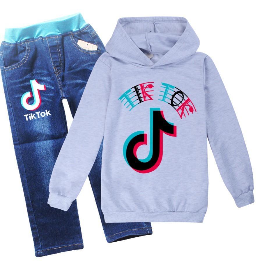 Tik Tok Printed 4-12 Years Boys Girls Hoodie And Blue Jeans Outfit 