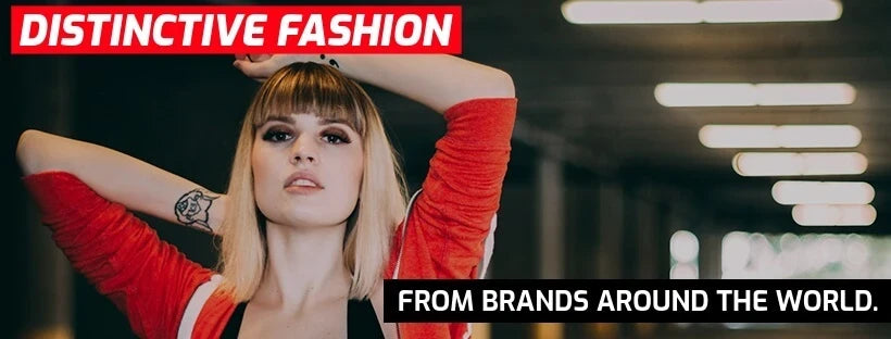 Distinctive Fashion from Brands around the world banner featuring a blonde woman in a red shirt with her hands over her head.