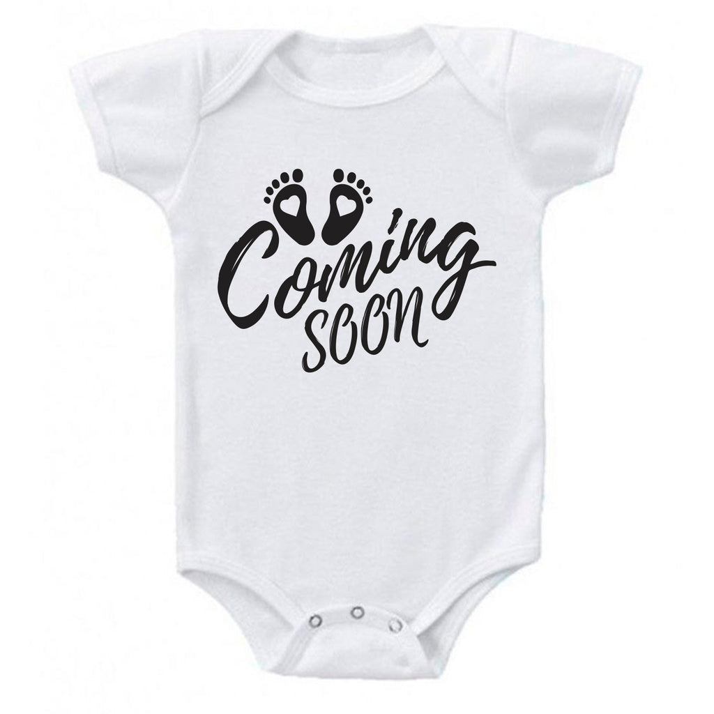 ndapprenticeships® Baby Coming Soon Heart Foot Prints Pregnancy Reveal Announcement Baby Romper Bodysuit