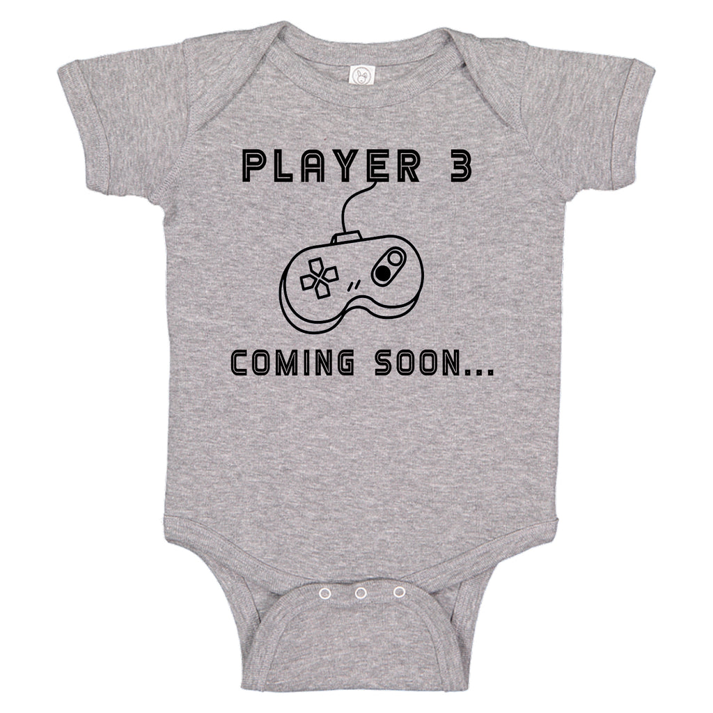 ndapprenticeships® Player 3 Coming Soon.. Gamer Funny Pregnancy Reveal Novelty One-Piece Baby Bodysuit