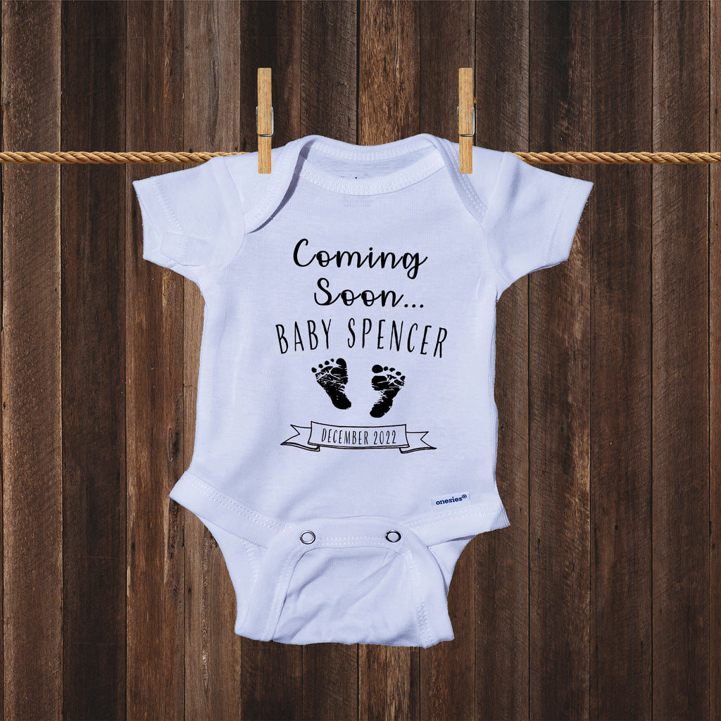 ndapprenticeships® Customized Coming Soon... Name and Expecting Date Announcement Baby Bodysuit Romper Onesie