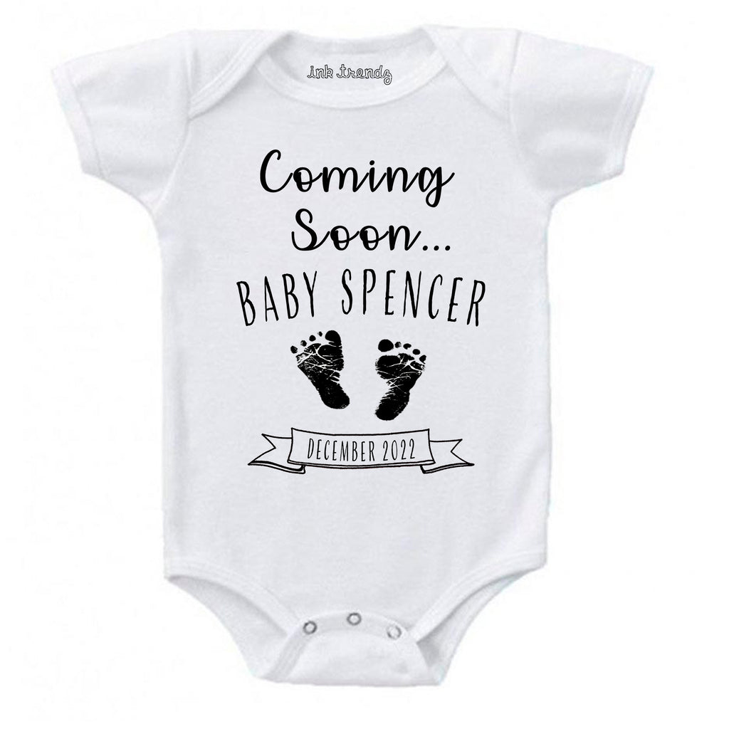 ndapprenticeships® Customized Coming Soon... Name and Expecting Date Announcement Baby Bodysuit Romper onesie, Announcement Onesie, Baby Announcement, Gender Reveal Onesie, Gender Reveal, Coming Soon Onesie, Husband Baby Announcement