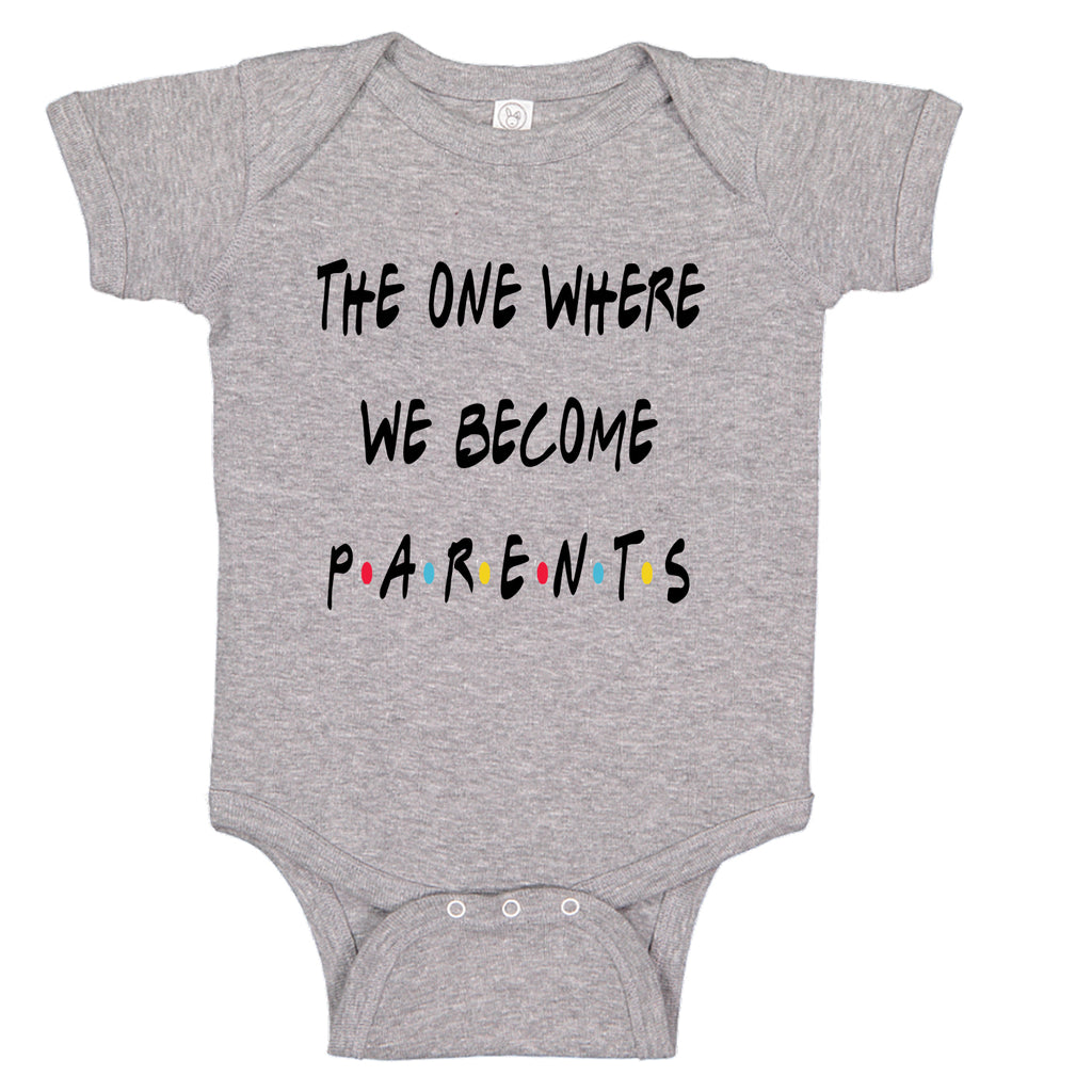 ndapprenticeships® The One Where We Become Parents Announcement Friends Themed Baby Bodysuit in heather grey