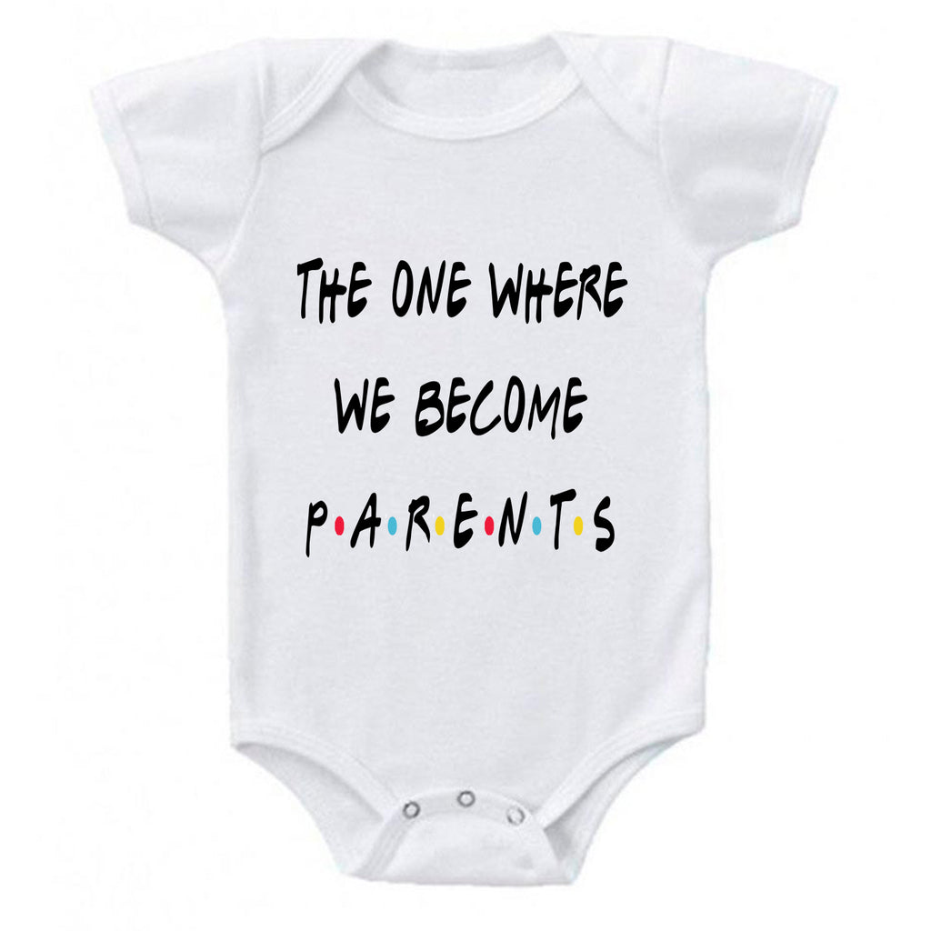 ndapprenticeships® The One Where We Become Parents Announcement Friends Themed Baby Bodysuit