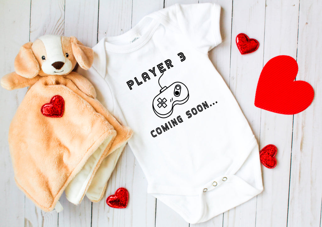 ndapprenticeships® Player 3 Coming Soon.. Gamer Funny Pregnancy Reveal Novelty One-Piece Baby Bodysuit