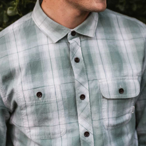 close up light green flannel with double pockets