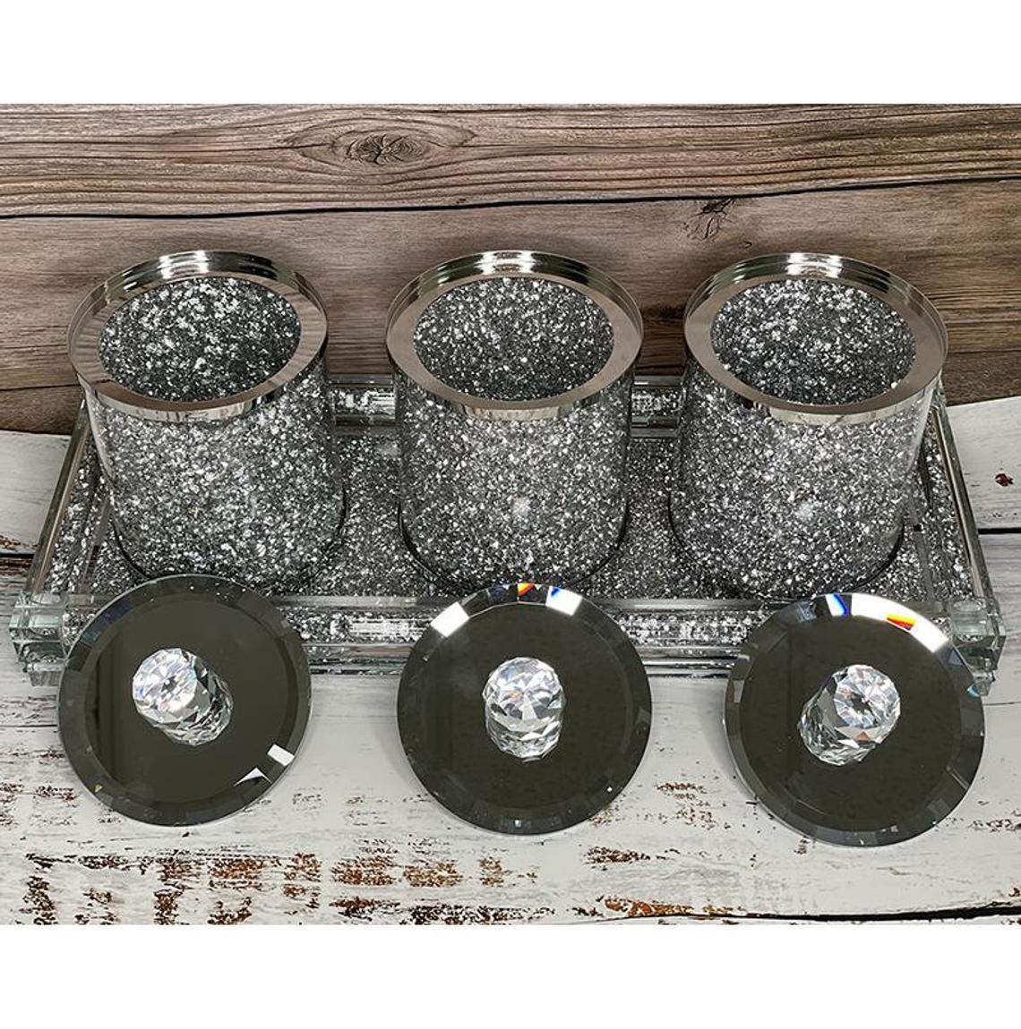 DIAMOND CRUSHED SILVER CRYSTAL FILLED TEA COFFEE SUGAR CANISTER JARS WITH TRAY✅ 