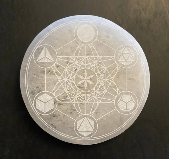 Zen and Meow - Engraved Selenite Disc Metatron's Cube Platonic solids