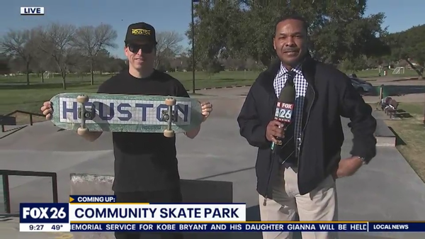 Dan MacFarlane and Blue Tile Sign Houston Skateboards Skateboard on Fox 26